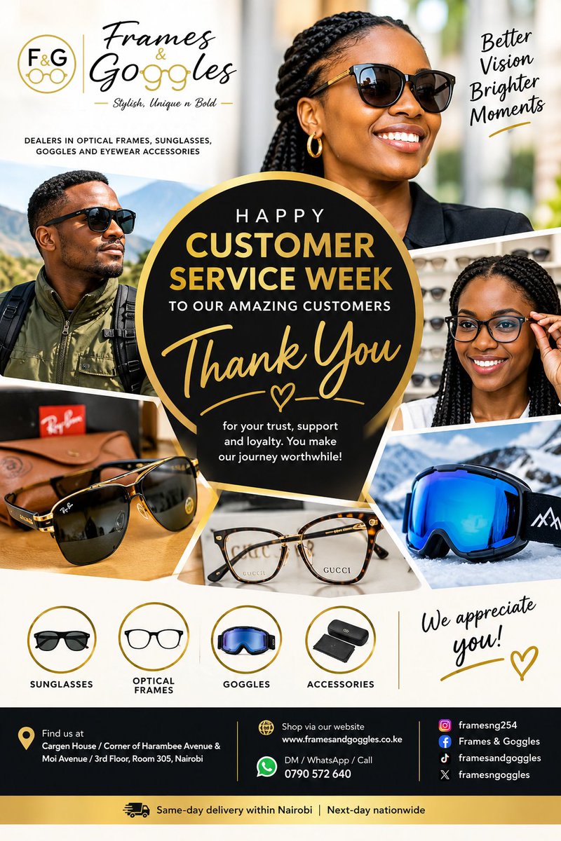 framesngoggles's tweet photo. Customer Service Week?
Every week is, because you keep us in business. 😎 Thank you for trusting us with your eyes. We promise we're not just looking at you, we're looking out for you.
#FramesAndGoggles #CustomerServiceWeek #EyewearKenya #opticalframesKenya #fyp https://t.co/MWAM2yy1cu