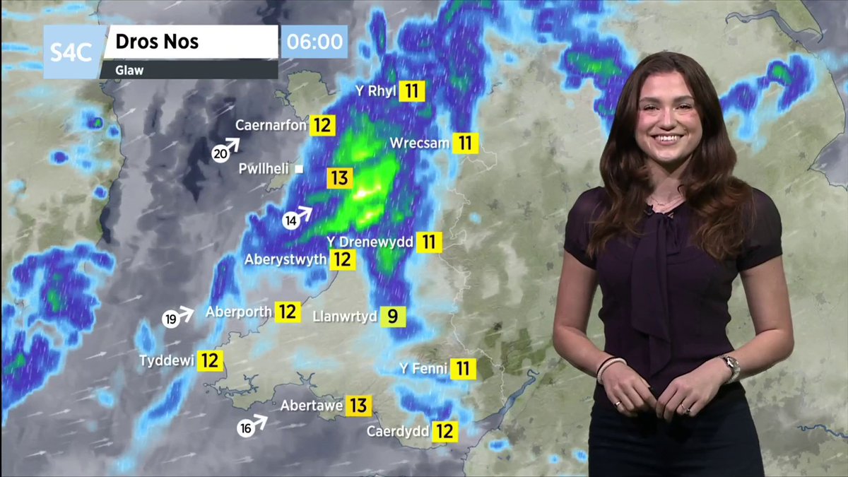 A weather broadcast from S4C in Welsh titled "Dros Nos Glaw" (Overnight Rain) showing a presenter standing in front of a weather map of Wales displaying rain and temperature readings.