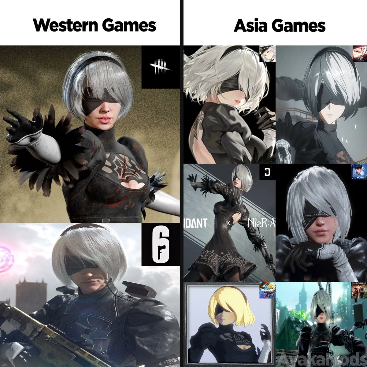 AyakaMods's tweet photo. How did Asia games keep 2B beautiful while Western games made her look like this? https://t.co/JPLVQaOfAp