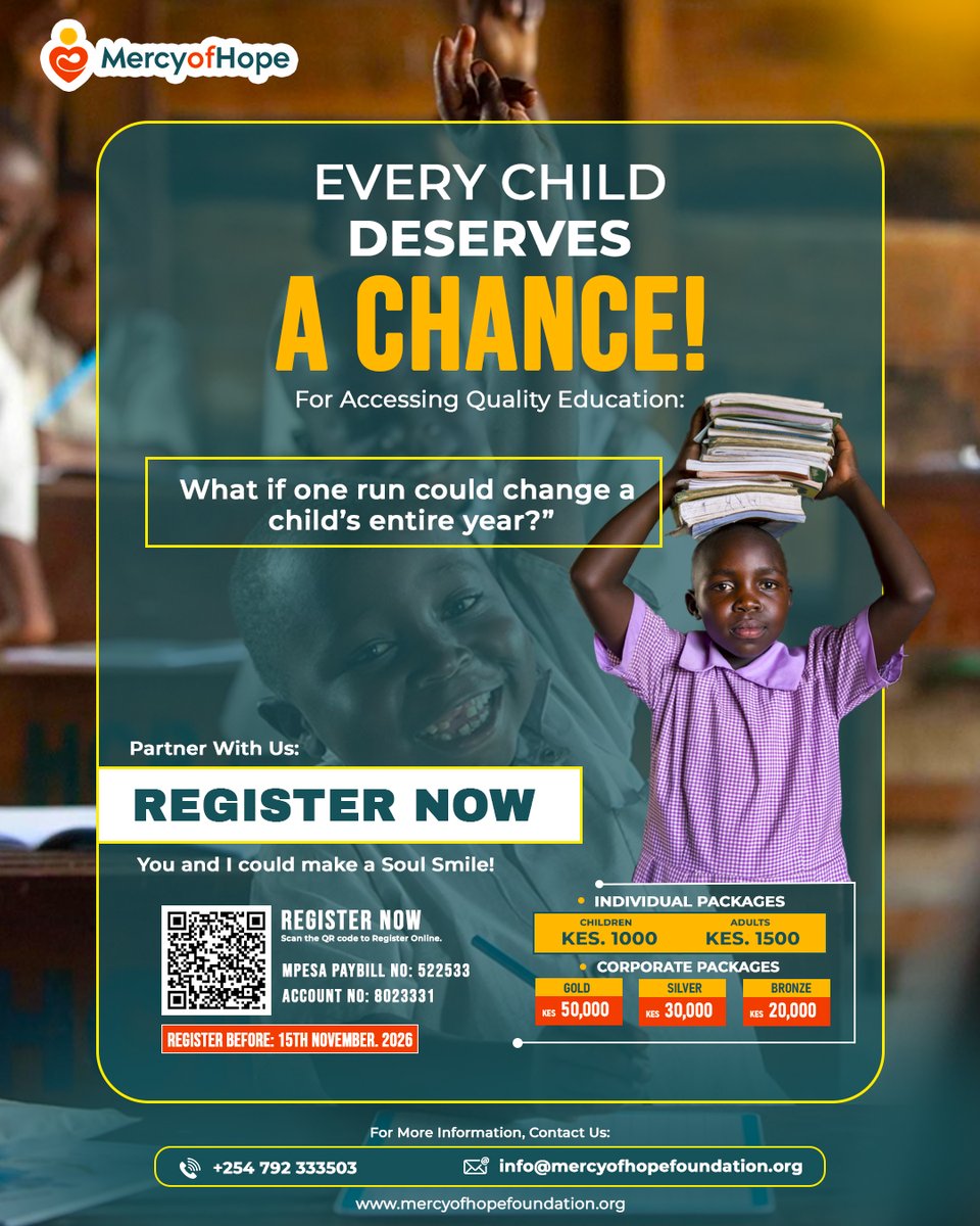 MOHF_Kenya's tweet photo. EVERY CHILD DESERVES A CHANCE. ❤️📚

What if one run could change a child’s entire year?

At Mercy of Hope Foundation, we believe education should never be a privilege reserved for a few. Every child deserves the opportunity to learn, grow and dream. https://t.co/iQ1Pp2QK0j
