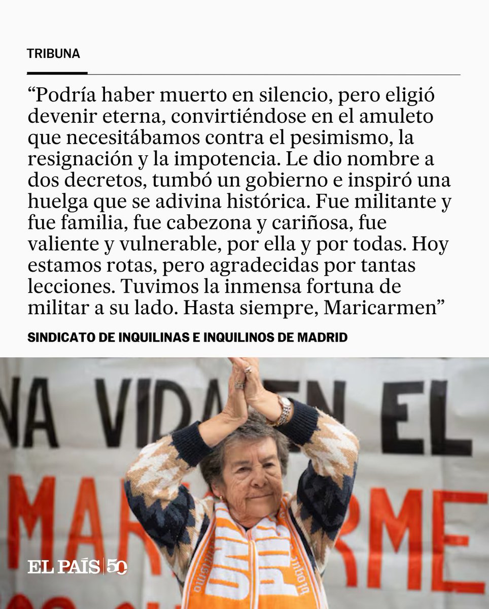 el_pais's tweet photo. "Podría haber muerto en silencio, pero eligió luchar y devenir eterna: le dio nombre a dos decretos, tumbó un gobierno e inspiró una huelga que se adivina histórica". El Sindicato de Inquilinas e Inquilinos de Madrid, sobre Maricarmen https://t.co/46qOznDuDD https://t.co/4fimlyO4pz