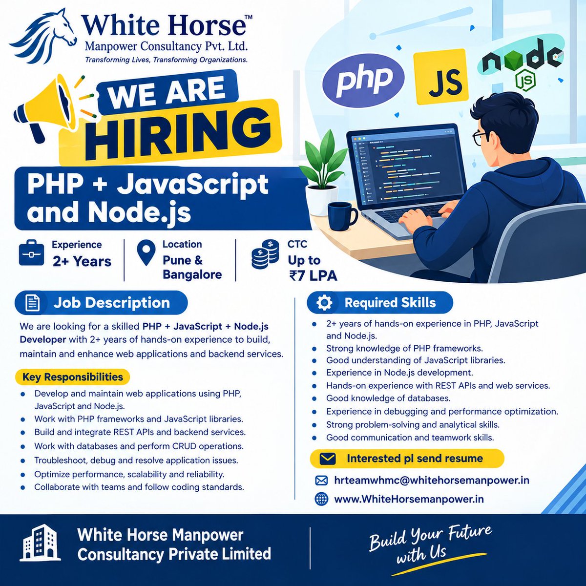 whitehorsemanpo's tweet photo. Interested pl send resume
hrteamwhmc@whitehorsemanpower.in
https://t.co/q6BosK9v88
White Horse Manpower Consultancy Private limited
#PHPDeveloper #NodeJSDeveloper #JavaScriptDeveloper #FullStackDeveloper #whitehorsemanpower https://t.co/4x4fWl0jvV