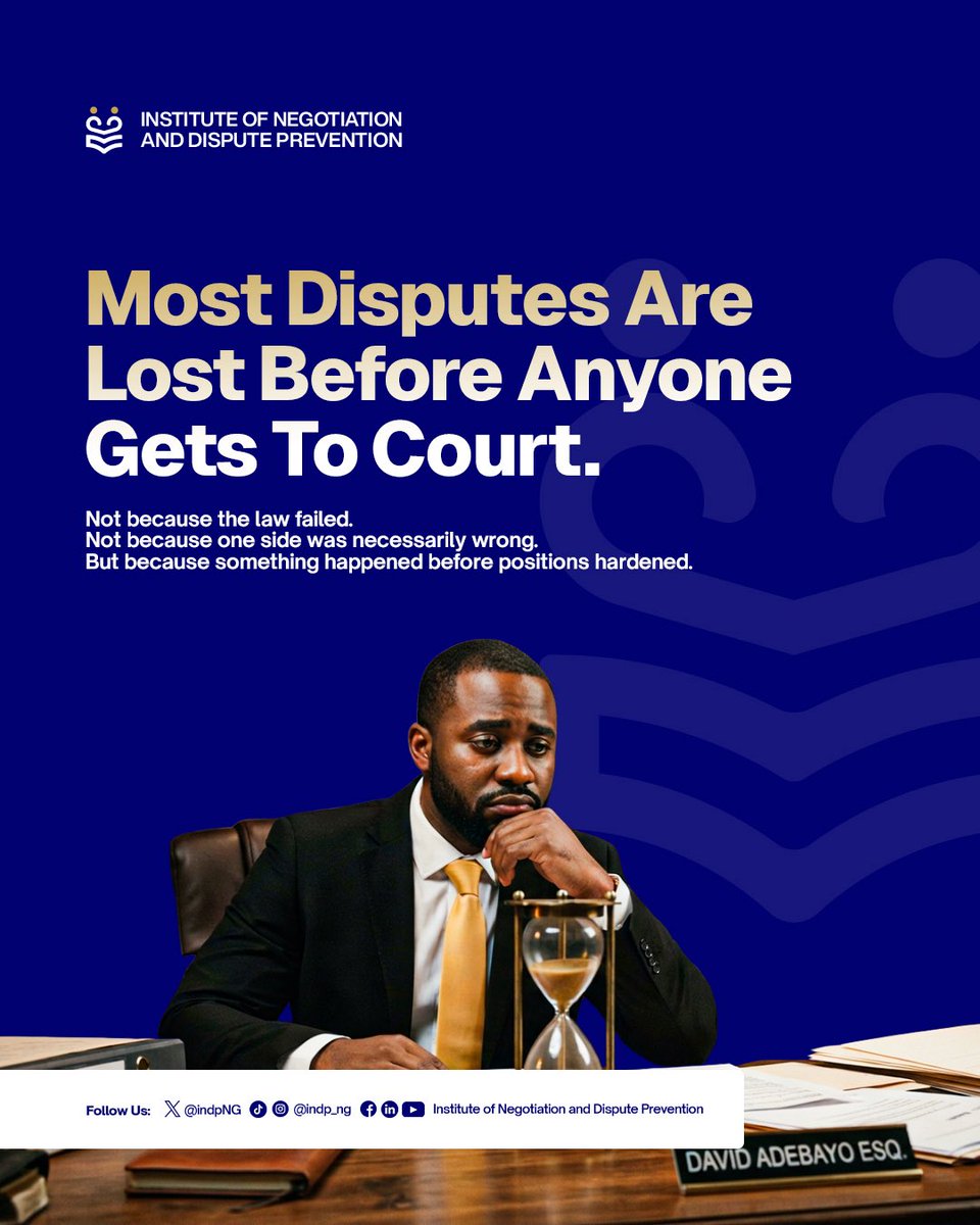 IndpNg's tweet photo. The real battle might be over before court even enters the picture. 👀

But what happens before positions harden?

Swipe. You might be surprised. →

#DisputeResolution #Mediation #ConflictManagement #Negotiation #LegalPractice https://t.co/VBho1dfshV