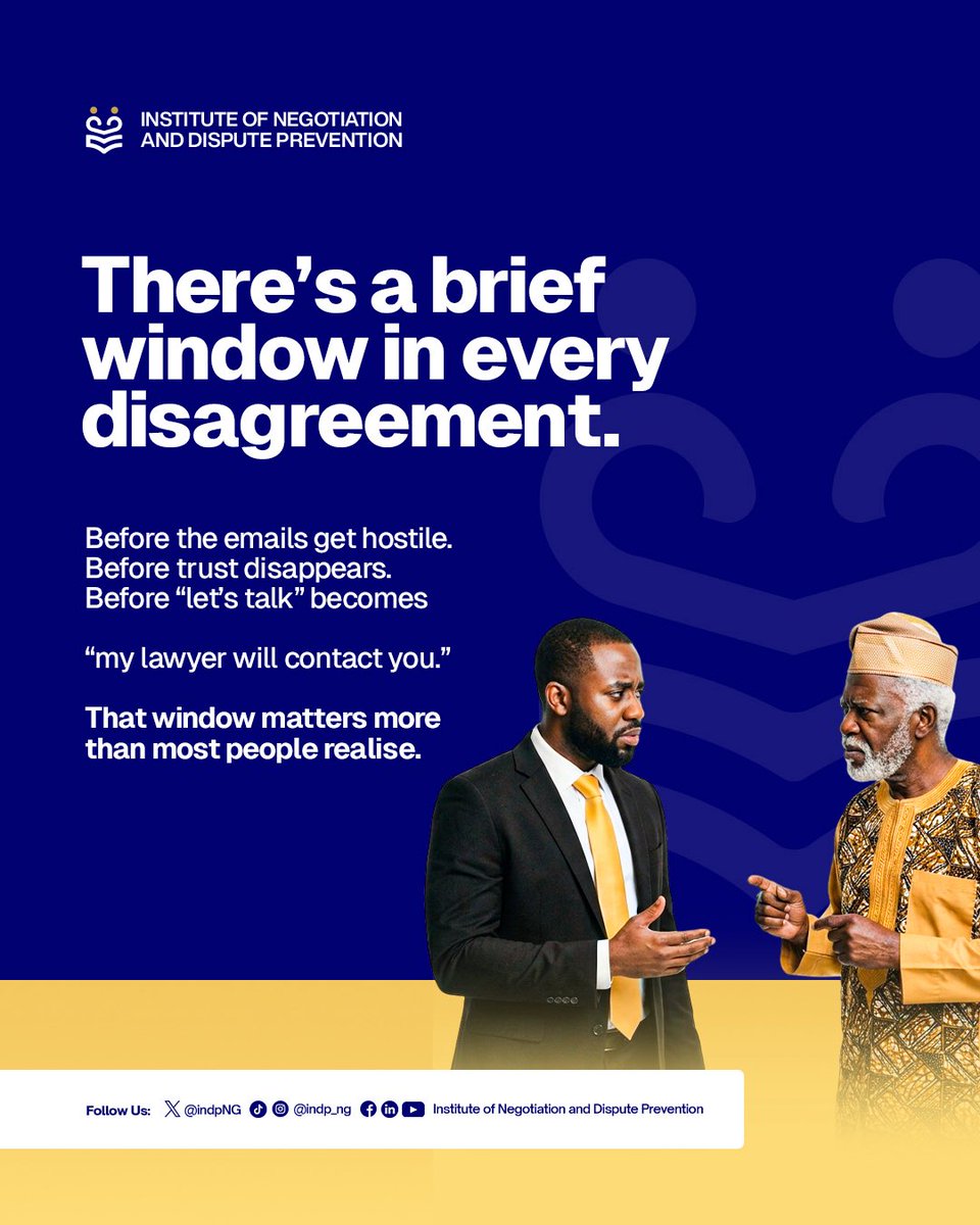 IndpNg's tweet photo. The real battle might be over before court even enters the picture. 👀

But what happens before positions harden?

Swipe. You might be surprised. →

#DisputeResolution #Mediation #ConflictManagement #Negotiation #LegalPractice https://t.co/VBho1dfshV