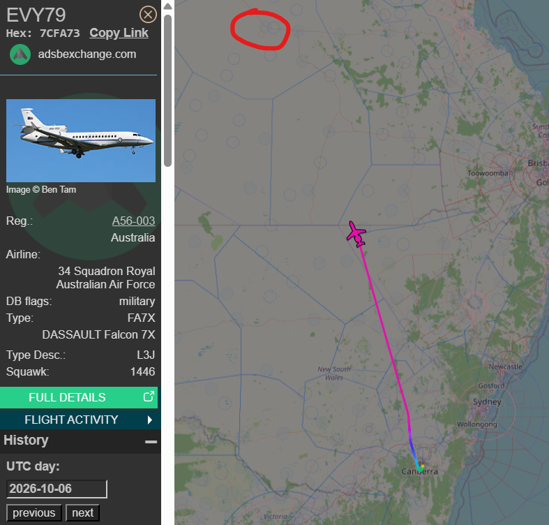 raaf_vip's tweet photo. Training flight yesterday.

Dassault Falcon 7X // A56-003 // Envoy 79

Route: Canberra (CBR) - Longreach (LRE)
🛫: 22:42 UTC on 06/10/2026
09:42 AEDT on 07/10/2026
🛬: 00:37 UTC on 07/10/2026
10:37 AEST

#RAAF #AusAirForce #A56003 #QLD #Queensland #Longreach https://t.co/iyzs6wpmXq