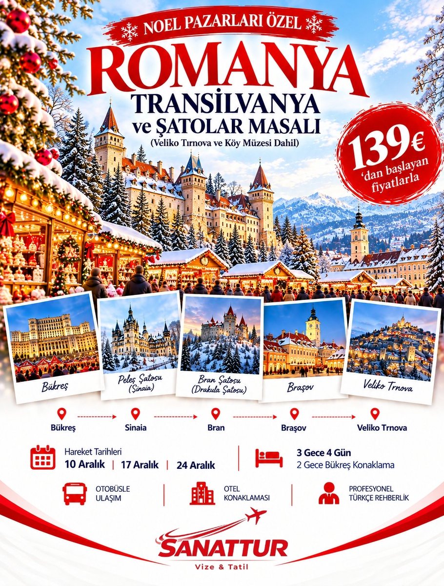 sanattur's tweet photo. NOEL PAZARLARI ÖZEL – ROMANYA MASALI! 🇷🇴✨
Bu kış rotamızı masallar diyarı Transilvanya’ya çeviriyoruz! ❄️
Bükreş’in ışıkları, Peleş Şatosu, efsanelere konu olan Bran (Drakula) Şatosu, tarihi Braşov ve büyüleyici Veliko Tırnova sizleri bekliyor. 🎅✨
🎄 Noel Pazarları
🏰 Peleş & Bran Şatoları
🌆 Bükreş & Braşov
🏡 Dimitrie Gusti Köy Müzesi
🇧🇬 Veliko Tırnova
🗓️ Hareket Tarihleri: 10 • 17 • 24 Aralık
��� 3 Gece 4 Gün
💶 139 €’dan başlayan fiyatlarla!
Kışın büyüsünü, şatoların ihtişamını ve Noel ruhunu aynı yolculukta yaşamaya hazır mısınız? 🎄❤️
📞 Detaylı bilgi ve rezervasyon için bizimle iletişime geçin.
Sanattur, tatilin adresi budur! ✈️❤️
#Sanattur #Romanya #Transilvanya #NoelPazarları #Bükreş #BranŞatosu #DrakulaŞatosu #PeleşŞatosu #Braşov #VelikoTırnova #AvrupaTuru #YurtdışıTuru #NoelTuru #Tatil #Seyahat