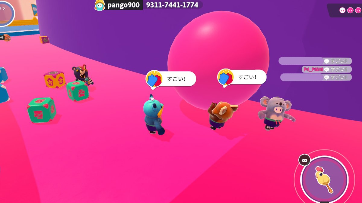 6p4_4g's tweet photo. さらに続き：⑥フレンドさんに追われる🦝　⑦お二人ともボールバグ成功でした🐨　⑧ステッカーでイラスト作ったのかな？すごい！👏　⑨ブラボで大玉を運びました💣 野良さんもありがとう👏 https://t.co/bsH0o41nza