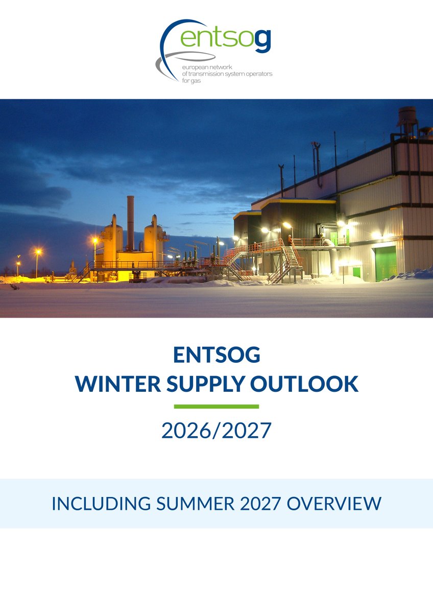 ENTSOG's tweet photo. 📢 @ENTSOG publishes its Winter Supply Outlook 2026/27 and Winter Supply Review 2025/26!

The #Outlook assesses the adequacy of Europe's #gas #infrastructure to ensure #securityofsupply throughout the upcoming winter season under a range of demand and supply conditions.

❄️Europe enters winter 2026/27 with historically low storage levels and a volatile global gas market environment. Key findings indicate:
📌#EU gas storage facilities were 72% filled on 1 October 2026 following a challenging injection season.
📌#Storage remains a cornerstone of Europe's winter preparedness. Continued injections at the beginning of the winter, together with close monitoring of storage and system conditions, are encouraged.
📌European gas infrastructure continues to demonstrate the #flexibility needed to meet #demand across all member states.
📌Strong #LNG deliveries remain important to maintain the European gas balance and support storage levels throughout the season.

🔍Alongside the Outlook, ENTSOG has also a #Review, providing insights into the previous winter's supply and demand developments and contributing to a better understanding of seasonal market dynamics.
🗞️ Read the Press Release: https://t.co/075cIuIFWZ
👉 Explore the reports on the following webpage: https://t.co/yYRXbK9TWj