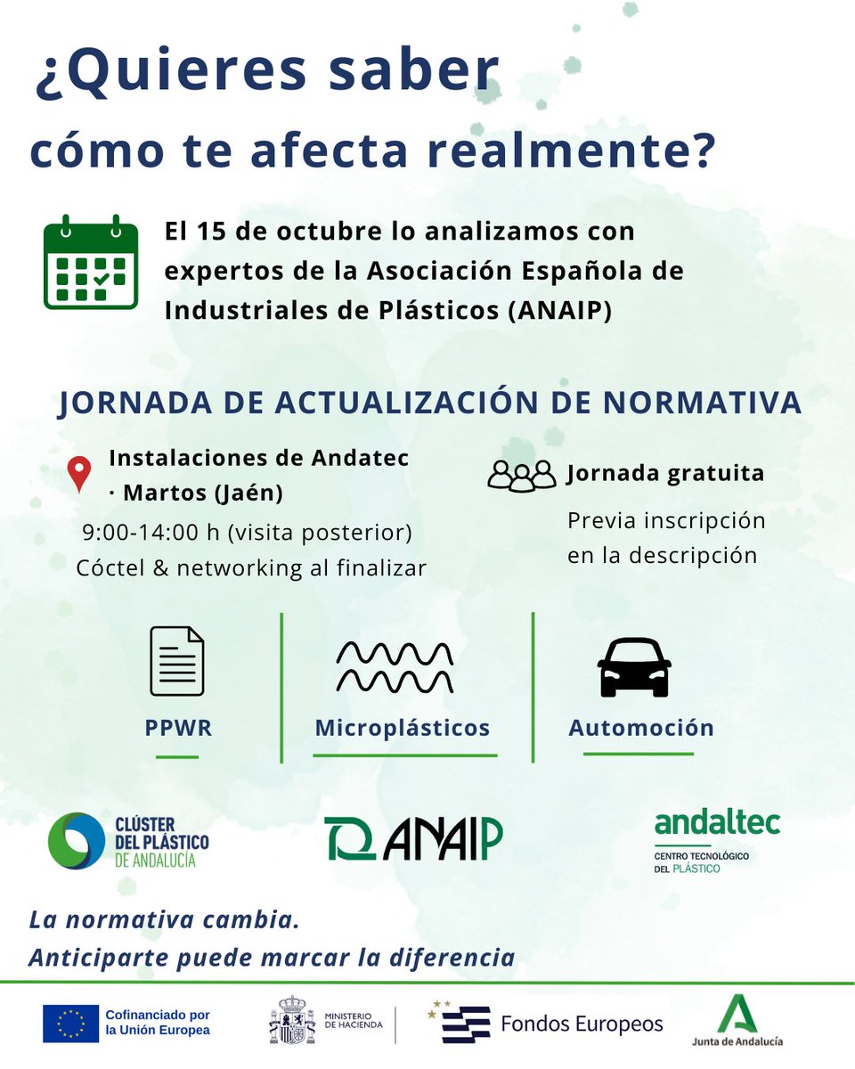 clusterplastico's tweet photo. 🧐 ¿El PPWR o la normativa sobre plásticos no va contigo? Piénsalo dos veces. 

Los cambios abarcan todo el ciclo de vida del envase y afectan a toda la cadena.

Jornada técnica: 
📅 15 de oct
📍 Andaltec
🎙️ Con expertos de @ANAIP_es 

🔗 Inscríbete aquí: 
https://t.co/Mura6cmPxo https://t.co/vkUF8OC84X