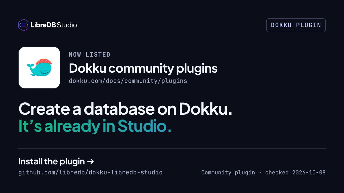 libredb's tweet photo. LibreDB Studio is now listed in @dokku's community plugins.

dokku postgres:create orders, and a minute later it's in Studio. No copied credentials, no restart.

https://t.co/fUCGe50oPo
@GithubProjects @opencollect https://t.co/VGzPckXkYI