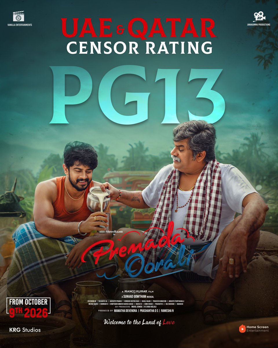 homescreenent's tweet photo. A heartwarming tale of love &amp; family, now certified for the Gulf! ❤️✨

#PremadaOorali in cinemas from October 9! 🎬🌾

#RangayanaRaghu
#ShreeRaam
#ManojKumar
#ThapaswiniPoonacha
@Devendramamatha
#VanillaEntertainments
@PremadaOorali https://t.co/p2W7LezPGi