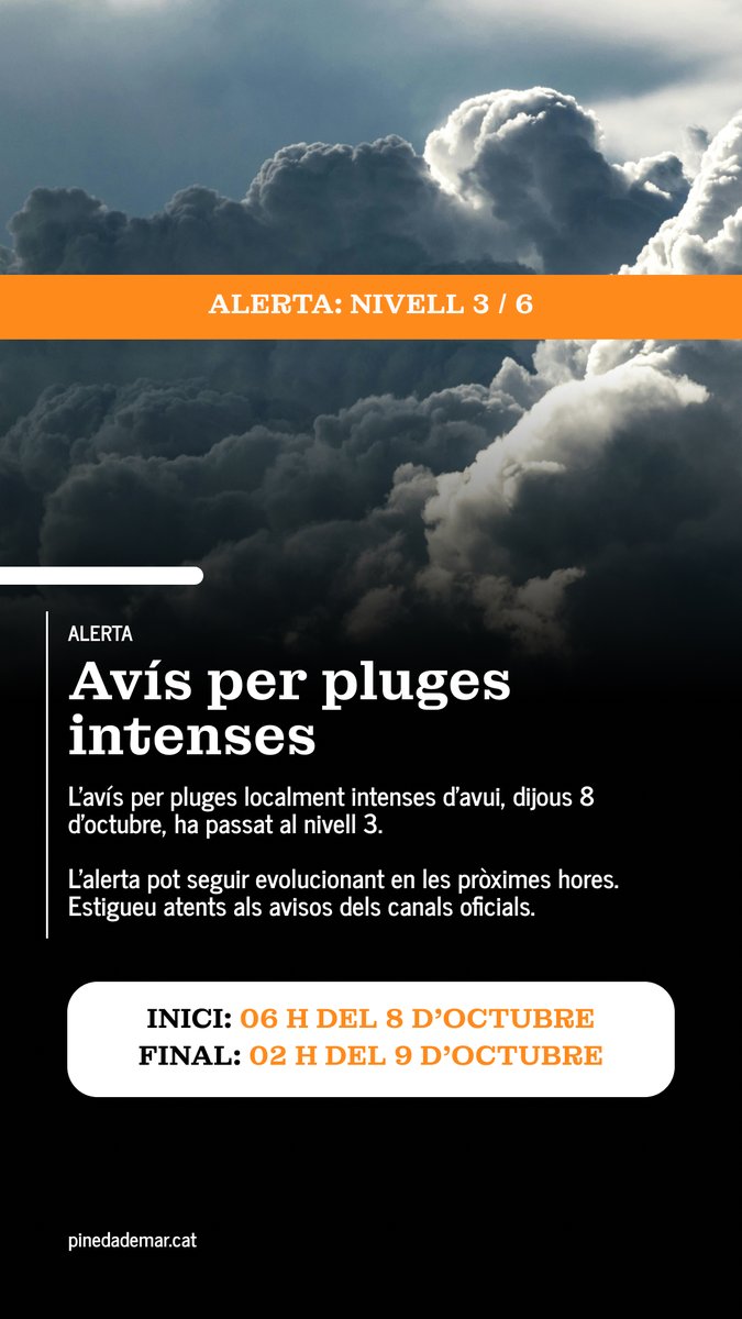 pinedademar's tweet photo. 🌧️🟠 L’avís per pluges localment intenses d’avui, dijous 8 d’octubre, ha passat al nivell 3.   

L’alerta pot seguir evolucionant en les pròximes hores. 
Estigueu atents als avisos dels canals oficials. https://t.co/v7e2zSCiKd