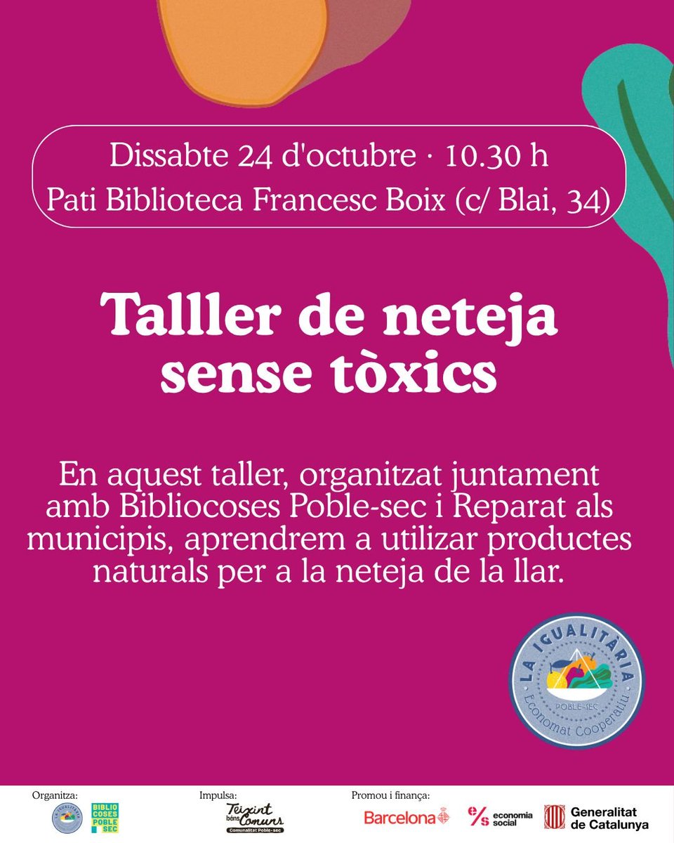 trocasec's tweet photo. Us animem a participar en aquest taller de Neteja sense tòxics, organitzat conjuntament amb Bibliocoses Poble-sec i Reparat als municipis

Dissabte 24 d'octubre a les 10.30h
Espai: Pati Biblioteca Francesc Boix (c/Blai 34)

Podeu inscriure-us a l'enllaç: https://t.co/aiGVfKGOxl https://t.co/RGUF00hxZy