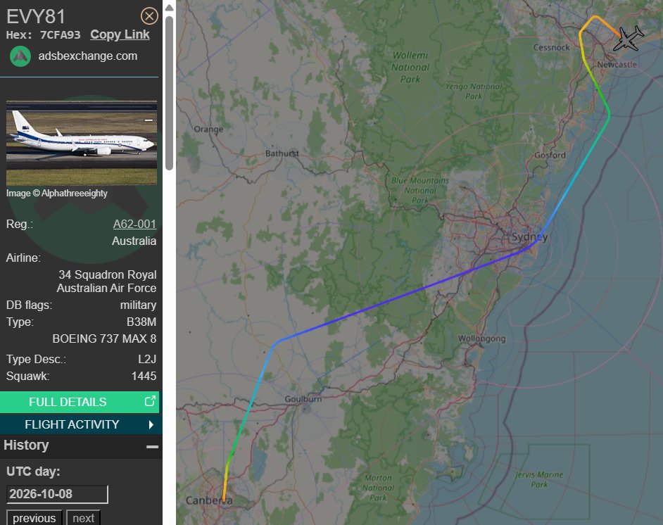 raaf_vip's tweet photo. Boeing 737 MAX 8 BBJ // A62-001 // Envoy 81

Route: Canberra (CBR) - Newcastle (NTL)
🛫: 07:12 UTC on 08/10/2026
🛬: 07:59 UTC

#RAAF #AusAirForce #A62001 #Newcastle #RAAFWilliamtown https://t.co/tF610fr347