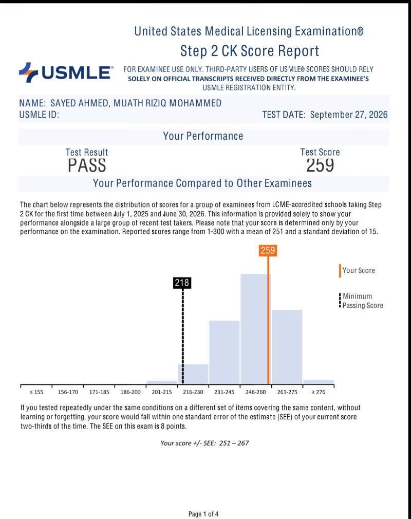 moath989898's tweet photo. لا سقف لكرم الله❤️

Grateful to share that I passed USMLE Step 2 CK with a 259! 🩺

Special thanks to my family ,friend and  @Nabileon111   for their endless support . 
One step closer to residency!

@We_Are_TEMPU 
#USMLE #Step2CK #MedTwitter #IMG #InternalMedicine https://t.co/1BEzlPU8ei