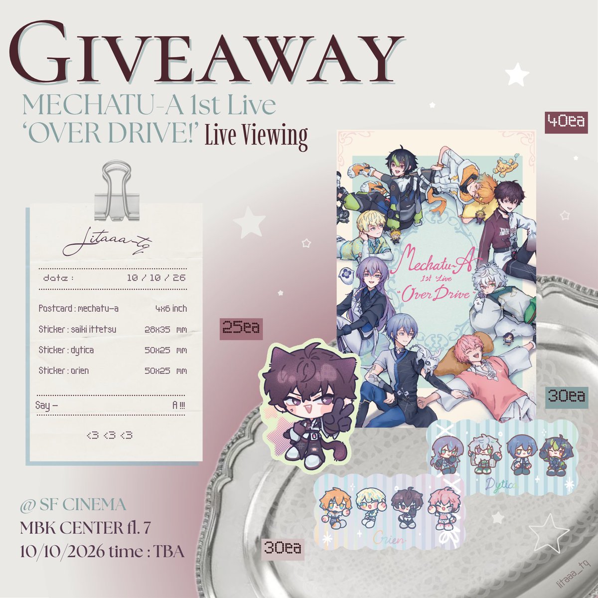 litaaa_tq's tweet photo. 『￼￼ ☆ ͡    giveaway ❕ 』

MECHATU-A 1st LIVE “ OVER DRIVE ” 

ไลฟ์วิวสึเอ้เสาร์นี้รับกอว.กันได้นะคะ น่าจะถือตระกร้าชมพูอยู่เหมือนเดิมค่ะ5555 ไม่ได้แลกก็รับไปได้น้าาแตะๆเค้าได้เลยค่ะ🫶🏻￼💐

@ sf cinema MBK 7th fl.
 10 Oct 2026 : Sat : TBA

#กอวด้อมนิจิ #ตลาดนัดนิจิเจพี https://t.co/5apBWuQhEO