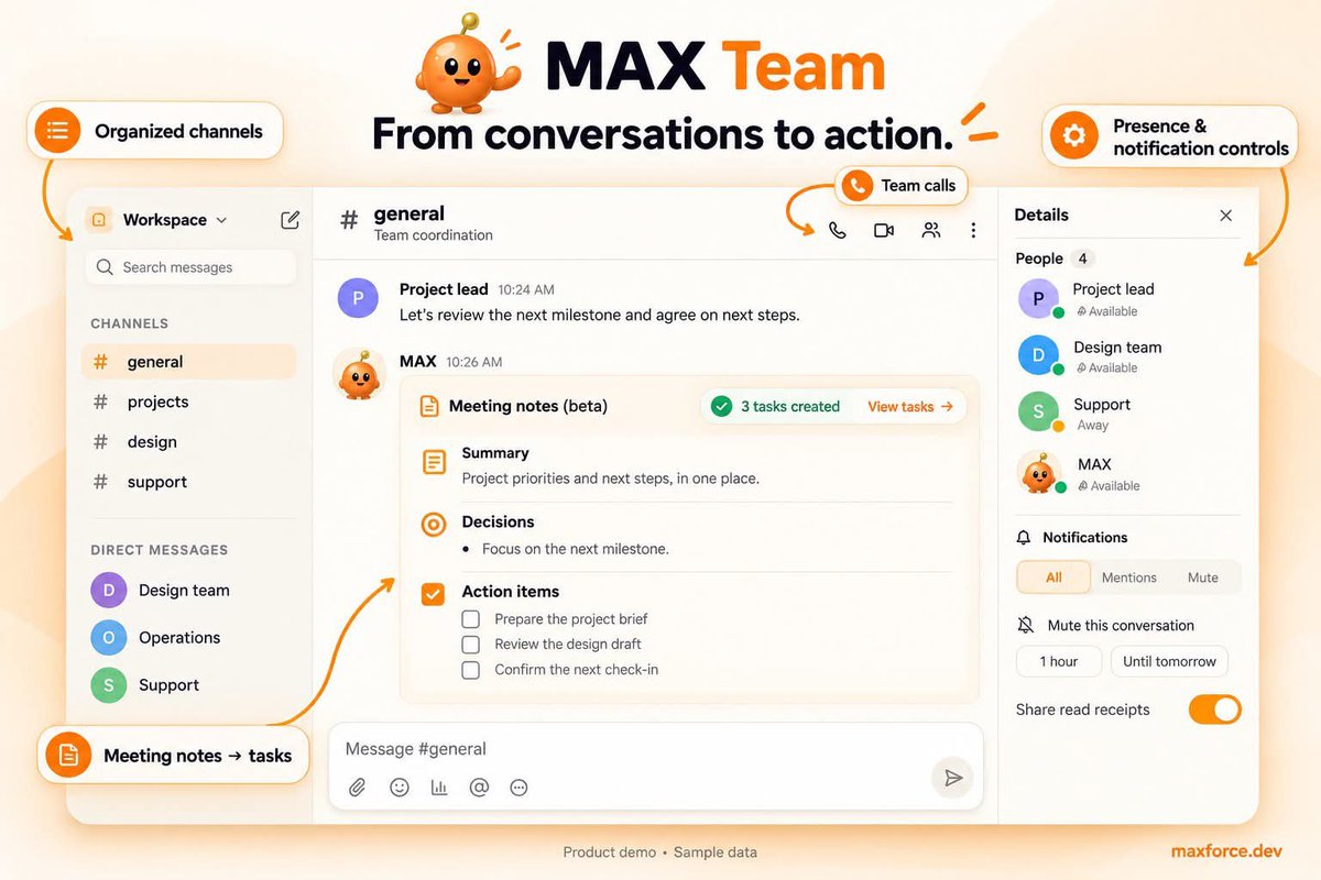 ClickDzPro's tweet photo. من النقاش إلى التنفيذ، داخل مساحة واحدة مع MAX Team يقدر فريقك ينظّم محادثاته، يتواصل، ويتابع الخطوات القادمة في مكان واحد:

- 💬 قنوات حسب الموضوع ورسائل مباشرة للتنسيق.
- 📞 مكالمات للفريق داخل مساحة العمل.
- 📝 ملاحظات اجتماعات من MAX تتضمّن الملخص والقرارات ونقاط العمل .
- ✅ تحويل متابعات الاجتماع إلى مهام للفريق.
- 👥 الاطلاع على حضور الأعضاء ونشاطهم.
- 🔔 التحكّم في الإشعارات وكتم المحادثات وق�� التركيز.

الفكرة بسيطة: تناقشون المشروع، تراجعون ما اتُّفق عليه، ثم تحوّلون الخطوات التالية إلى مهام، مع بقاء سياق المحادثة قريبًا منكم.

ما الذي يحتاج فريقكم إلى تنظيم أكثر: النقاشات، الاجتماعات، أم متابعة المهام؟ 👇
