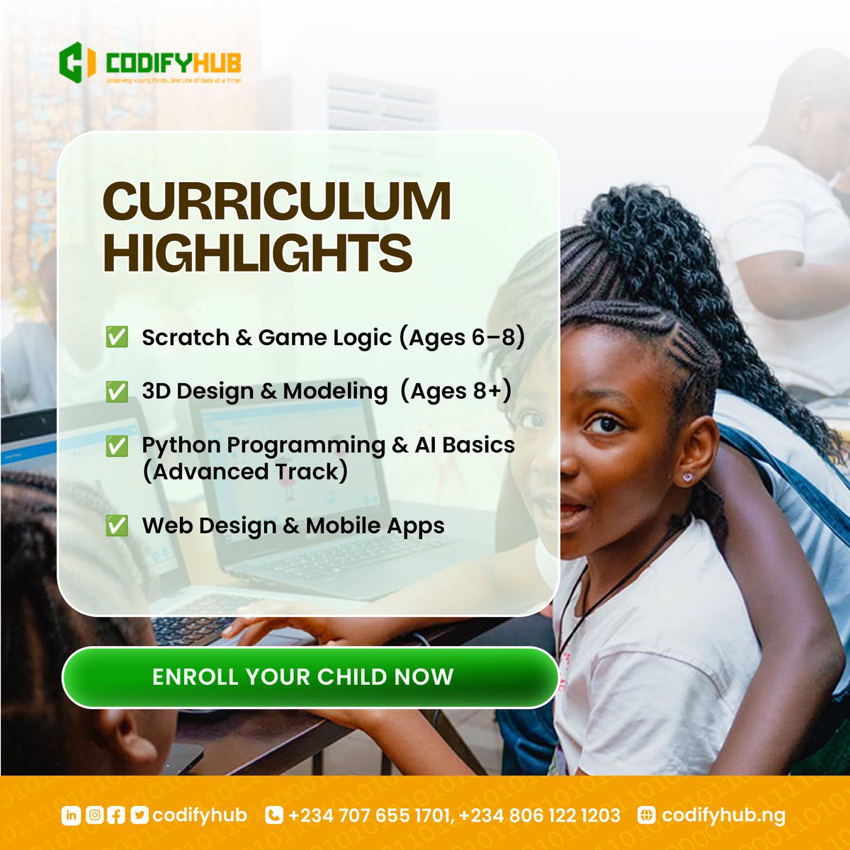 CodifyHub's tweet photo. Give your kids the ultimate edge with 8 weeks of hands on coding, 3D modeling, and AI skills! Whether at home, online, or on weekends, we have a flexible track for every busy family.
Call/WhatsApp Us Now:

📞 07076551701
📞 08061221203 https://t.co/IpEgqVnlXF