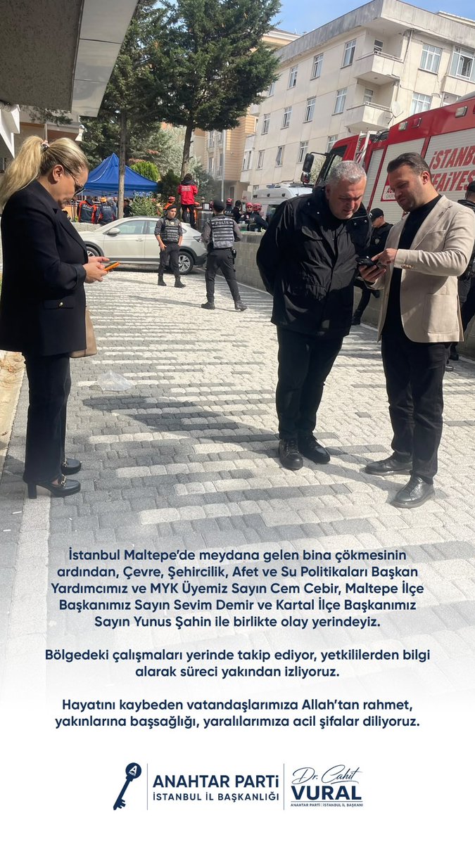 anahtarpartiist's tweet photo. İstanbul Maltepe’de meydana gelen bina çökmesinin ardından, Çevre, Şehircilik, Afet ve Su Politikaları Başkan Yardımcımız ve MYK Üyemiz Sayın Cem Cebir, Maltepe İlçe Başkanımız Sayın Sevim Demir ve Kartal İlçe Başkanımız Sayın Yunus Şahin ile birlikte olay yerindeyiz.

Bölgedeki çalışmaları yerinde takip ediyor, yetkililerden bilgi alarak süreci yakından izliyoruz.

Hayatını kaybeden vatandaşlarımıza Allah’tan rahmet, yakınlarına başsağlığı, yaralılarımıza acil şifalar diliyoruz.