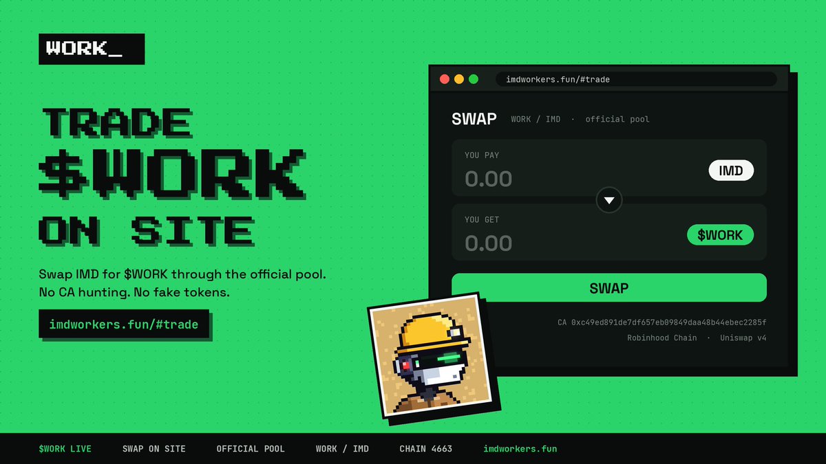 WorkonIMD's tweet photo. $WORK can now be traded directly on our site

swap IMD for $WORK through the official pool without leaving the page no need to search for the CA or worry about fake tokens

https://t.co/9fLfrgDBFm https://t.co/E60bNaZIVa