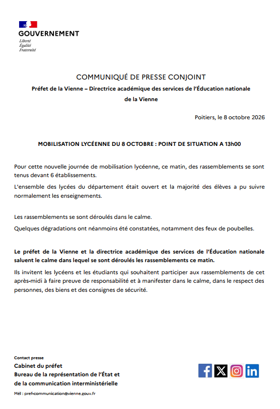 Prefet86's tweet photo. 🔴 Mobilisation lycéenne - Point de situation à 13h
Retrouvez le point de situation concernant la mobilisation lycéenne en cours dans la Vienne dans le communiqué de presse ci-dessous ⤵️ https://t.co/03Y8HKGIlw