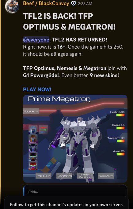 A Discord announcement from Beef/BlackConvoy announces the return of 'TFL2' featuring TFP Optimus and Megatron, currently rated 16+, highlighting Prime Megatron with stats like Health 195 and Speed 15.