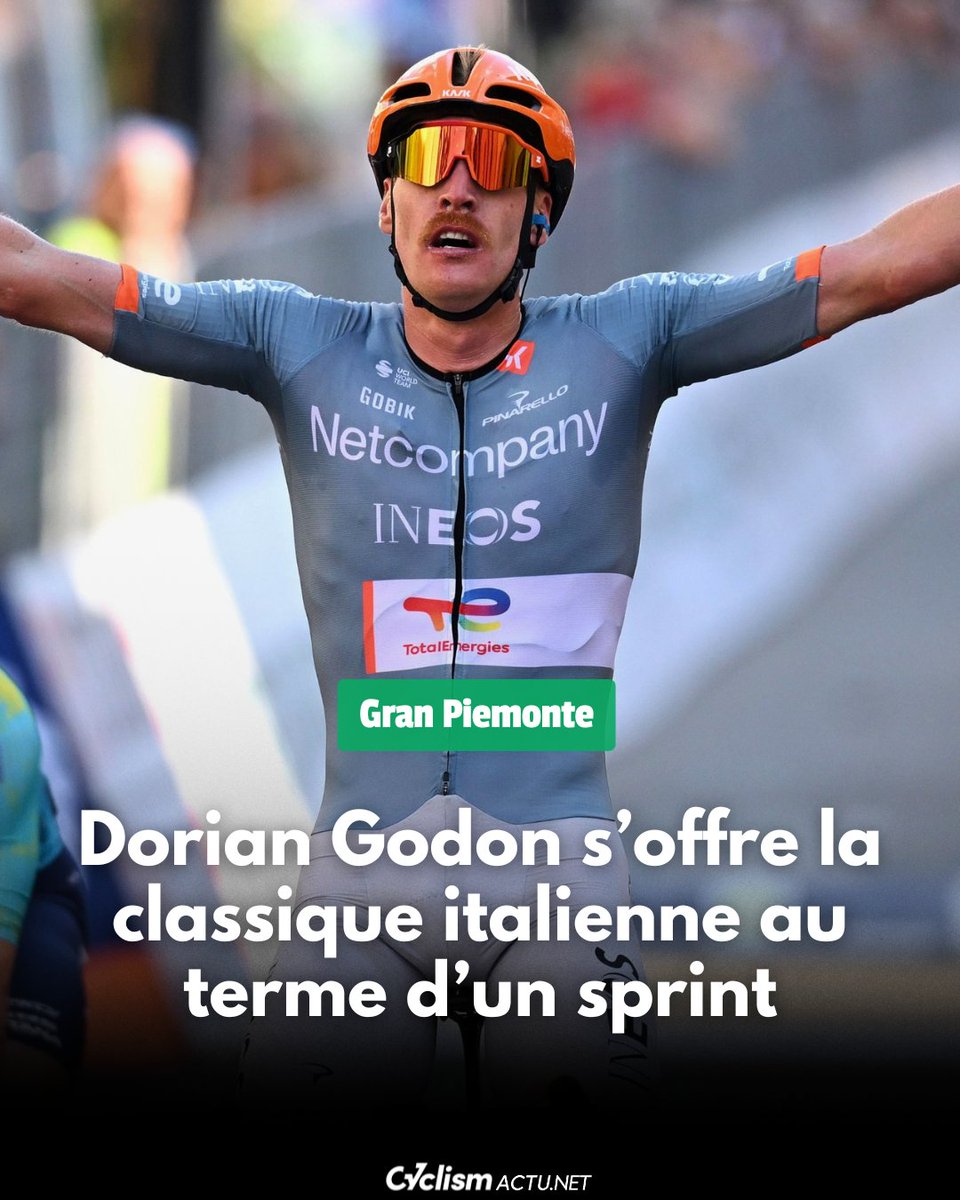 cyclismactu's tweet photo. #CyclismActu : Dorian Godon a remporté ce jeudi 8 octobre le Gran Piemonte devant Anthon Charmig et Alberto Bettiol. Le Français s’est offert un septième bouquet cette saison.

« Le vélo, partout et toujours ici », sur https://t.co/ezYOVuxVFO📷

#cycling #GranPiemonte #Godon https://t.co/Z16AUaOpCL