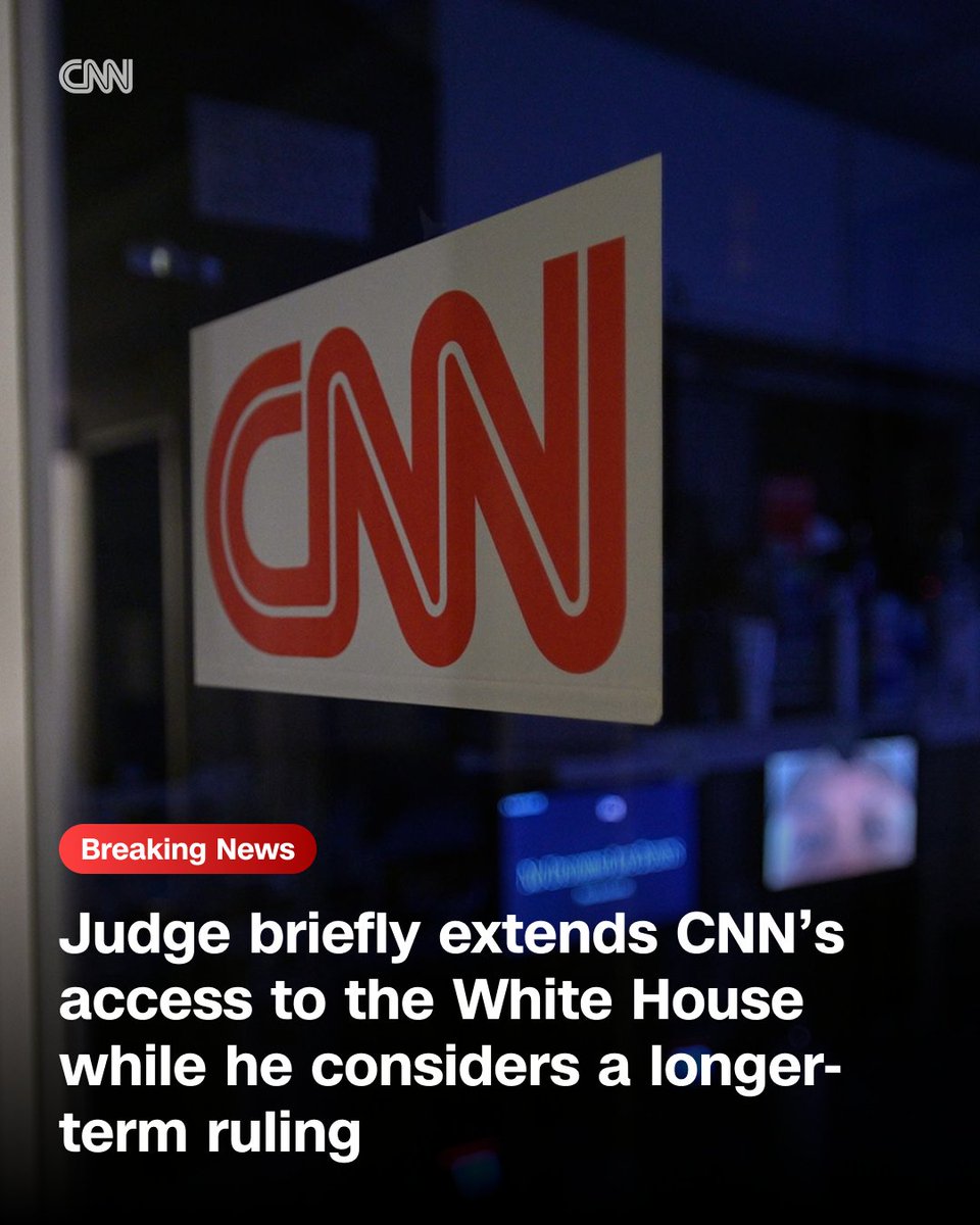 cnnbrk's tweet photo. A federal judge has briefly extended White House access for CNN, MS NOW and Politico, adding he plans to issue a ruling on President Donald Trump's press ban by Tuesday. https://t.co/vwM7LYDY5j https://t.co/j4dkeqld7h
