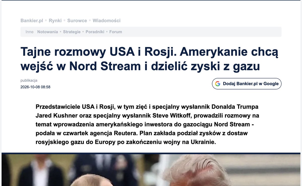 Jakub_moscicki's tweet photo. Zaprawdę powiadam Wam: Po zawarciu pokoju między Rosją, a Ukrainą będzie przyznawana nagroda frajera dekady i my będziemy jedynym kandydatem. 
Będziemy ją odbierać z wielką pompą i olbrzymią dumą, bo sami będziemy też płacić za całą ceremonię wręczenia tej nagrody. 
Według Reutersa Jared Kushner i Steve Witkoff rozmawiali z doradcą Putina Kirillem Dmitrijewem o wejściu amerykańskiego inwestora do Nord Stream i podziale fruktów z rosyjskiego gazu dla Europy po zakończeniu wojny na Ukrainie. Restart wymagałby zdjęcia sankcji. Biały Dom zastrzega, że ewentualne umowy musiałyby przynosić korzyści USA, a w rozmowach pojawił się też pomysł przejęcia europejskich aktywów Łukoilu przez konsorcjum z udziałem Amerykanów, Kataru i Emiratów.
Oczywiście Berlin i Warszawa wyrażają oburzenie - Berlin zapewne dlatego, że sam chciałby zarabiać na rosyjskim gazie, a my dlatego, że jesteśmy Chrystusem narodów.