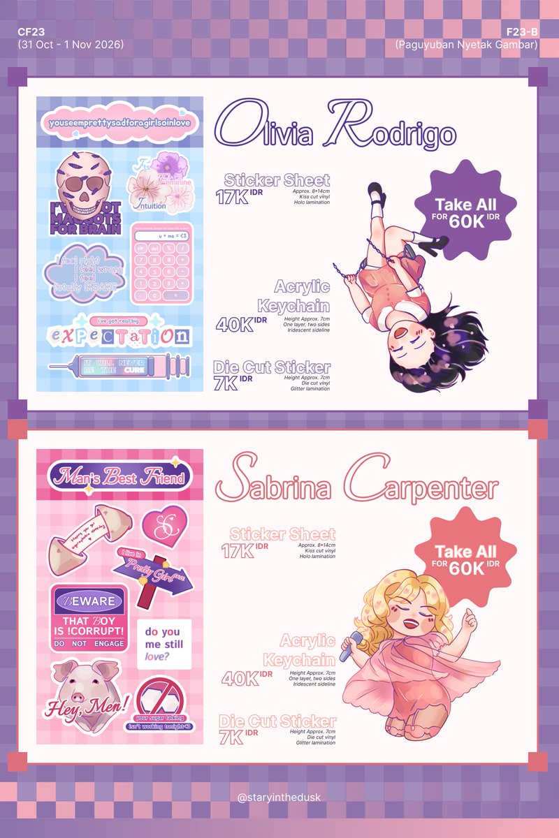 staryinthedusk's tweet photo. [❤️&amp;🔁s v appreciated!]

Stary's Catalogue for #CF23

✅ Pick Up, Mail Order, and OTS
🗓️ PO: 8-16 Okt 2026 
⭐️ Olivia Rodrigo, Sabrina Carpenter, 5SOS, Original Craft, Musicals, Alien Stage, PLAVE, ORV, and Ghibli.

🔗 di bawah

#CF23catalogue #comifuro #comifuro23

(1/3) https://t.co/ly3EmWCAhg