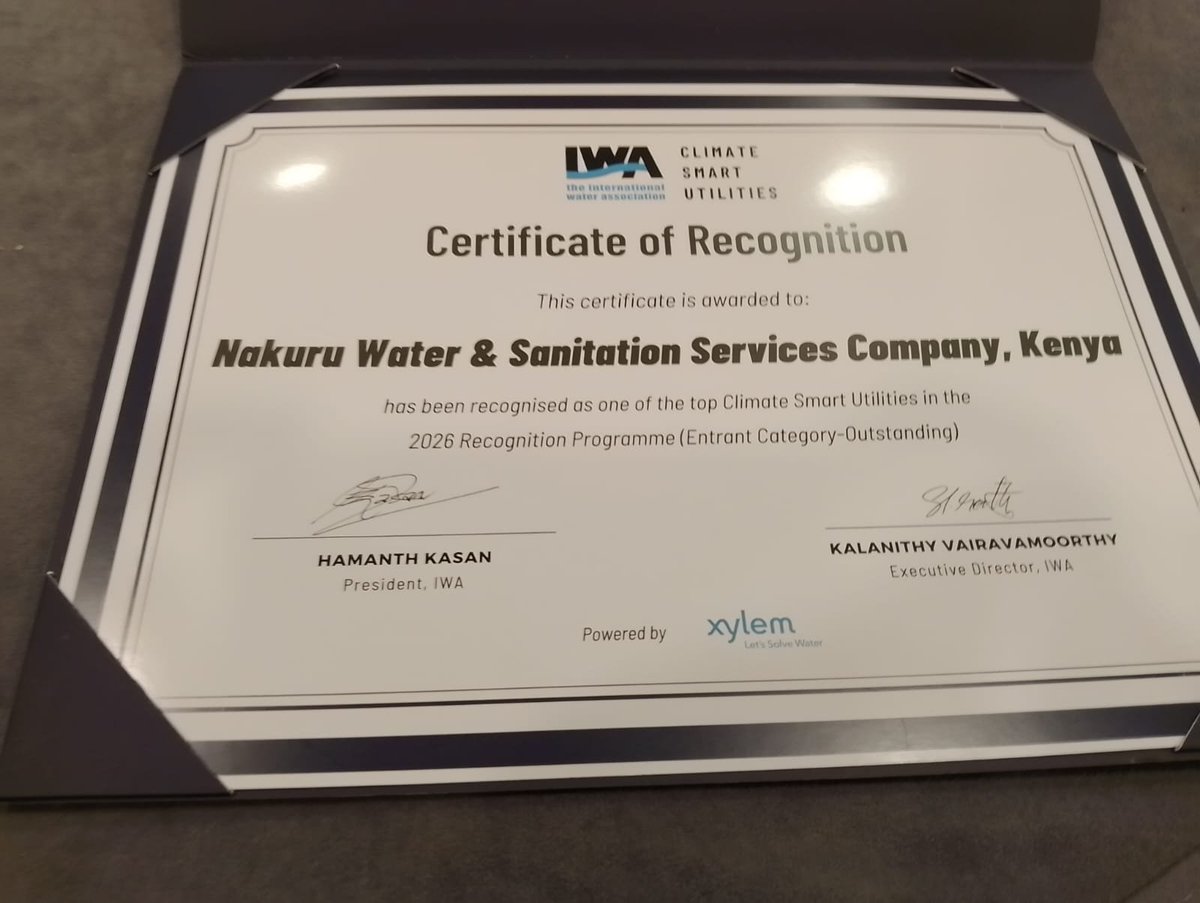 NakuruWater's tweet photo. 🇰🇪🌍 Proud moment for Kenya and Africa!
@NakuruWater named an OUTSTANDING Climate Smart Utility at the @IWAHQ #WorldWaterCongress in Glasgow 🏆
Top 7 out of 152 utilities worldwide! 🥳
#EnrichingLife 
#ClimateSmartUtilities #Glasgow2026 https://t.co/QD9iwkZ4u3