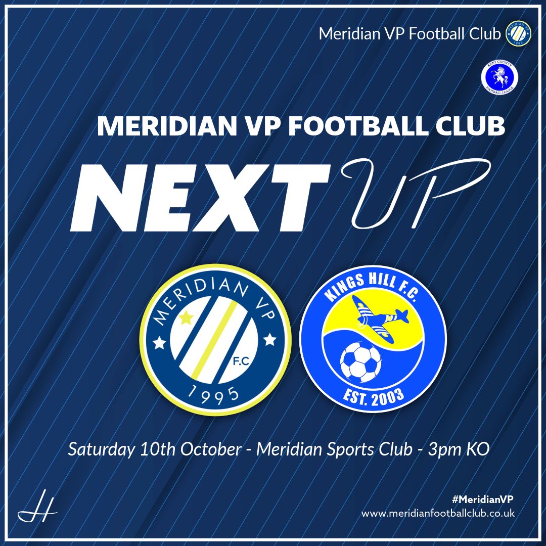 MeridianFC's tweet photo. Next up for Meridian VP we host @KingsHillFC1 on Saturday in the @KCFL1516!⚽️

📅 Saturday 10th October
⏰ 3pm KO
📍 Meridian Sports Club, SE7 8QS

Bar &amp; Food will be in the clubhouse🍔🍺

See you there!

#NonLeague
#MeridianVP https://t.co/8fGWttol5f