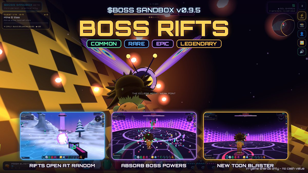 TheBossCoin_SOL's tweet photo. $BOSS Sandbox v0.9.5: BOSS RIFTS 🌀

Portals open at random, Common to ultra-rare LEGENDARY. Step in and you're sealed until the boss falls. Die and the rift keeps your loot.

New blaster, 3 new bosses, absorb boss powers.

Play free 👇
https://t.co/p231HBasTt https://t.co/exf7MZZFPt
