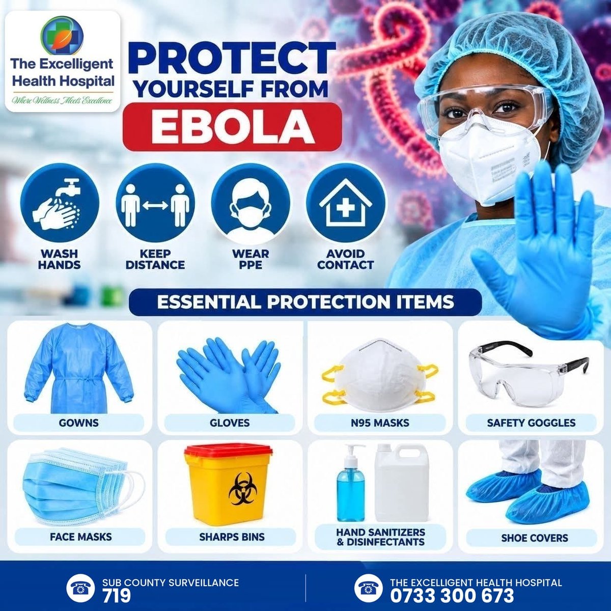 ExcelligentHosp's tweet photo. #EbolaOutbreak #Prevention

🧼 Wash your hands regularly.
😷 If you’re sick, protect others and avoid close contact.
🌬️ Keep spaces well ventilated.
🤧 Cover coughs and sneezes.

Stay safe. Stay informed.
@moh_kenya and @who updates

#ExcelligentHospital https://t.co/qg2w6RabIh