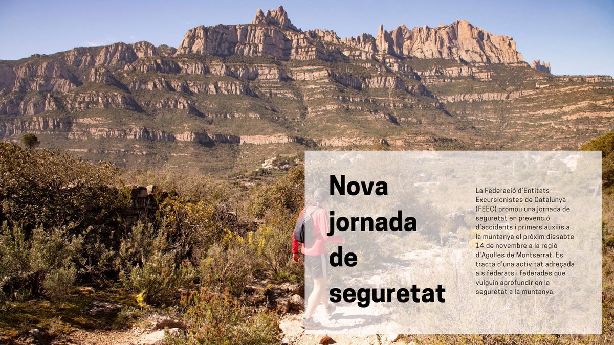 FEEC_cat's tweet photo. La #FEEC promou una nova jornada de seguretat en prevenció d'accidents i primers auxilis a la muntanya.

🗓️ 14 de novembre
📍 Regió d'Agulles de Montserrat

🔗 https://t.co/jUNvgTaMty

#sentlamuntanya #sommuntanya #somseguretat #somformació https://t.co/LbVJ84UekN
