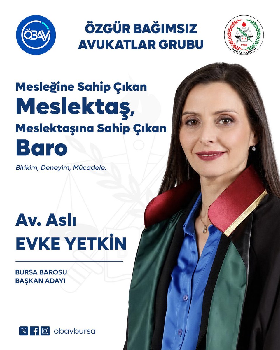 obavbursa's tweet photo. Değerli meslektaşlarımız 
Hukukun üstünlüğünü, avukatlık mesleğini, ülkeyi, yurttaşı, insan haklarını, laikliği,  özgürlüğü, demokrasiyi, doğayı, çevreyi, emeği, kadını, çocuğu, hayvanları ve  tüm yaşamı dert edinen; haksızlıklara karşı mücadele eden, korkmayan, boyun eğmeyen avukat ve Baro anlayışına sahip tüm adaylarımızla 17/18 Ekim' de yapılacak genel kurulumuzda Bursa Barosu yönetimine talibiz.

Saygılarımızla.
@aslievke 

#özgürvebağımsızavukatlargrubu
#rengimizmavilistemizmavi
