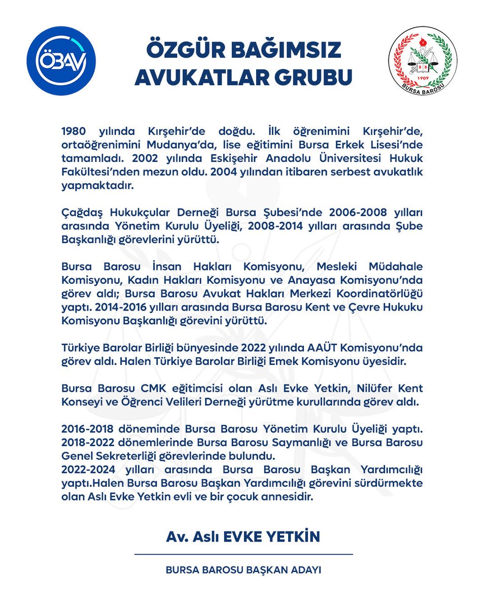 obavbursa's tweet photo. Değerli meslektaşlarımız 
Hukukun üstünlüğünü, avukatlık mesleğini, ülkeyi, yurttaşı, insan haklarını, laikliği,  özgürlüğü, demokrasiyi, doğayı, çevreyi, emeği, kadını, çocuğu, hayvanları ve  tüm yaşamı dert edinen; haksızlıklara karşı mücadele eden, korkmayan, boyun eğmeyen avukat ve Baro anlayışına sahip tüm adaylarımızla 17/18 Ekim' de yapılacak genel kurulumuzda Bursa Barosu yönetimine talibiz.

Saygılarımızla.
@aslievke 

#özgürvebağımsızavukatlargrubu
#rengimizmavilistemizmavi