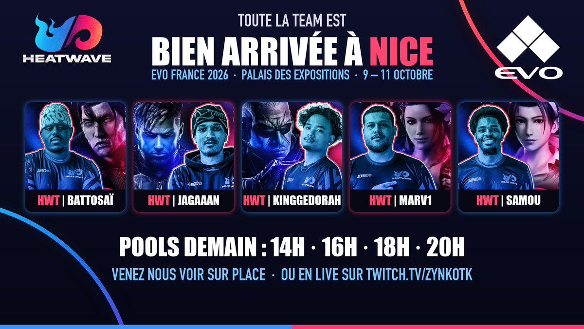HeatwaveTeams's tweet photo. ✅ TOUTE LA TEAM EST BIEN ARRIVÉE À NICE ! 🌴

Direction l'EVO France 2026 dès demain 🔥 Les pools de nos joueurs :

⏰ 14h — @BattosaiTk
⏰ 16h — @MarvinK0412 & @KING_GEEDORAHvv
⏰ 18h — @jagaaanhwt
⏰ 20h — @Samou_29

📍 Sur place ? Passez nous voir au Palais des Expositions !
🔴 Sinon tout se passe en live sur https://t.co/IIDWorWI5U

#EVOFrance #Tekken8 #Heatwave #FGC