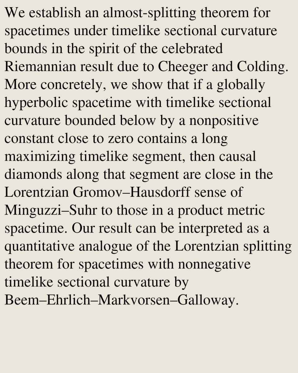 GeometryPapers's tweet photo. Almost-splitting of spacetimes under timelike sectional curvature bounds

Nicola Gigli, Melanie Graf, Robert J. McCann, Argam Ohanyan, Eric Woolgar, Matteo Zanardini
https://t.co/4OE71O3ggZ [𝚖𝚊𝚝𝚑.𝙳𝙶 𝚐𝚛-𝚚𝚌 𝚖𝚊𝚝𝚑.𝙼𝙶] https://t.co/AAmfB81Hv8