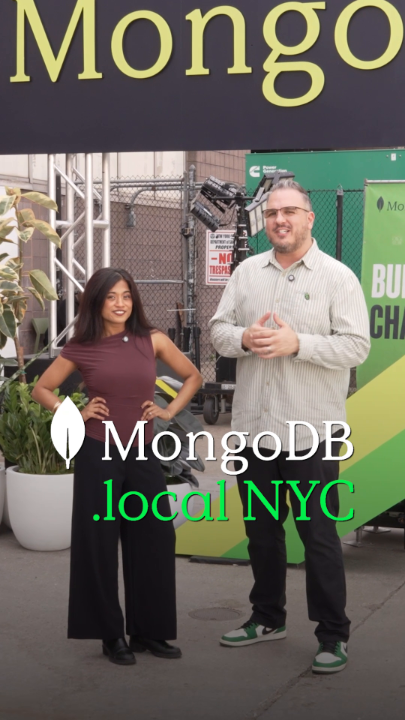Two presenters stand in front of a MongoDB backdrop with 'MongoDB.local NYC' overlaid, suggesting coverage of a tech conference event.