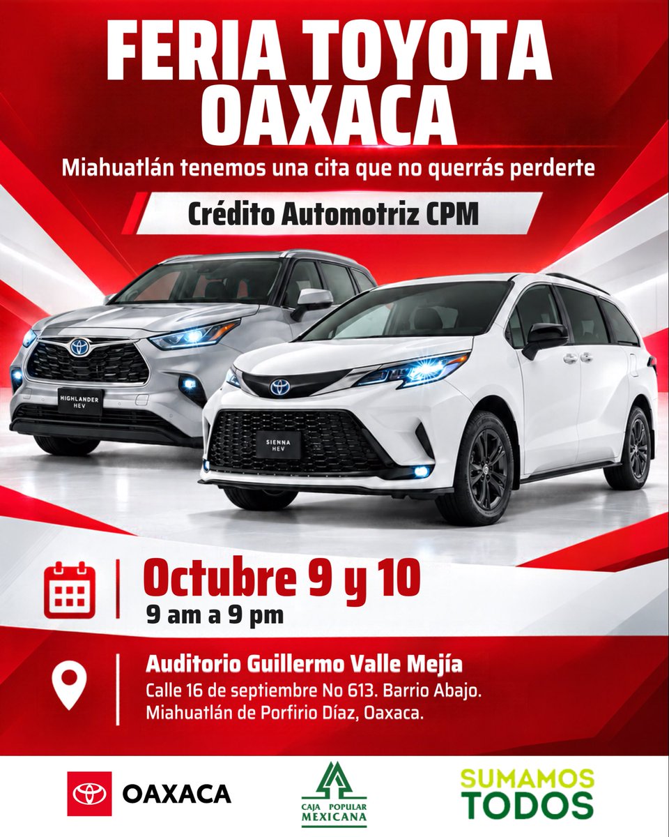 ToyotaOax's tweet photo. ¡Mañana viernes y sábado estamos más cerca de ti! 🔊

Aprovecha esta gran oportunidad para dar el paso hacia el Toyota de tus sueños de la mano de @CajaMexicana 🎉

Acércate, conoce tus opciones y descubre qué tan cerca estás de estrenar. ❤️🚘

¡Te esperamos! 👏 https://t.co/gCU1F59gJi