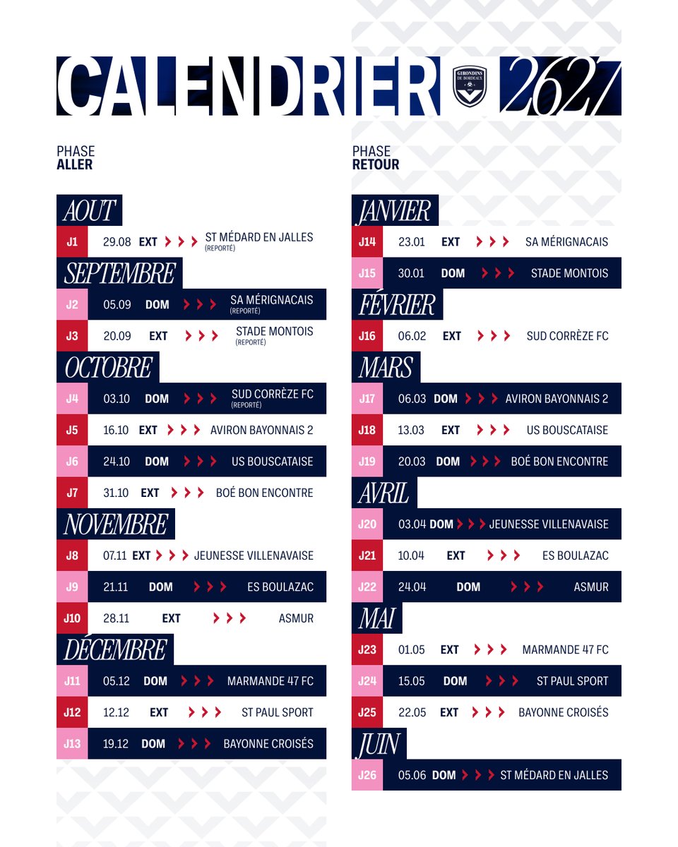 girondins's tweet photo. Place au terrain. Découvrez le calendrier officiel de nos Marine et Blanc pour la saison 2026/2027. 🗓️

#AllezBordeaux https://t.co/JKl7UXxoXj