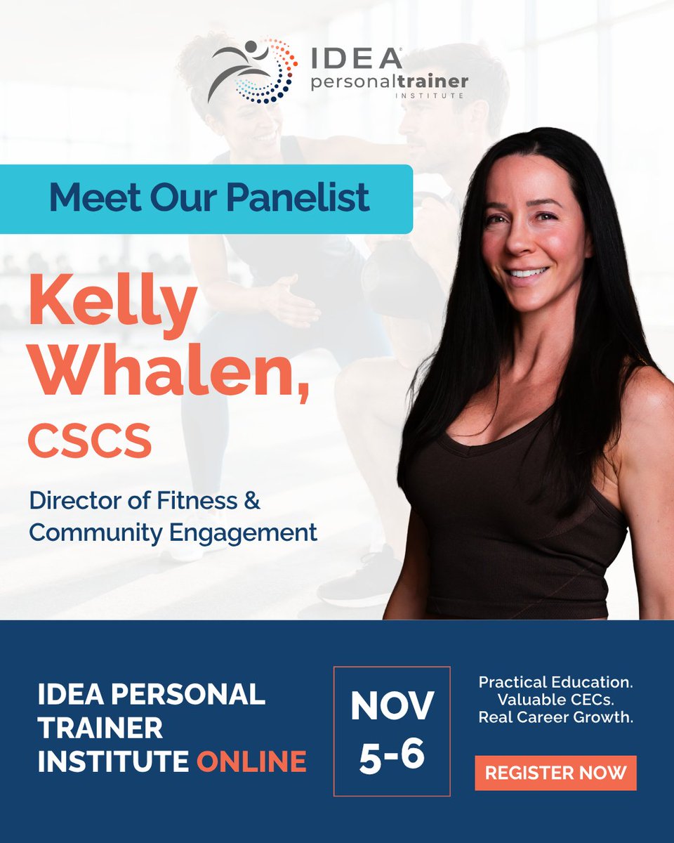 ideafit's tweet photo. Join Kelly Whalen for "Personal Trainer Success Stories" at the IDEA® Personal Trainer Institute Online and explore how coaching, behavior change, and human connection can transform the client experience.
📅 November 5-6, 2026
💻 Online
https://t.co/uRIu4efS9t
#IDEAPTI https://t.co/RruyRRivbK