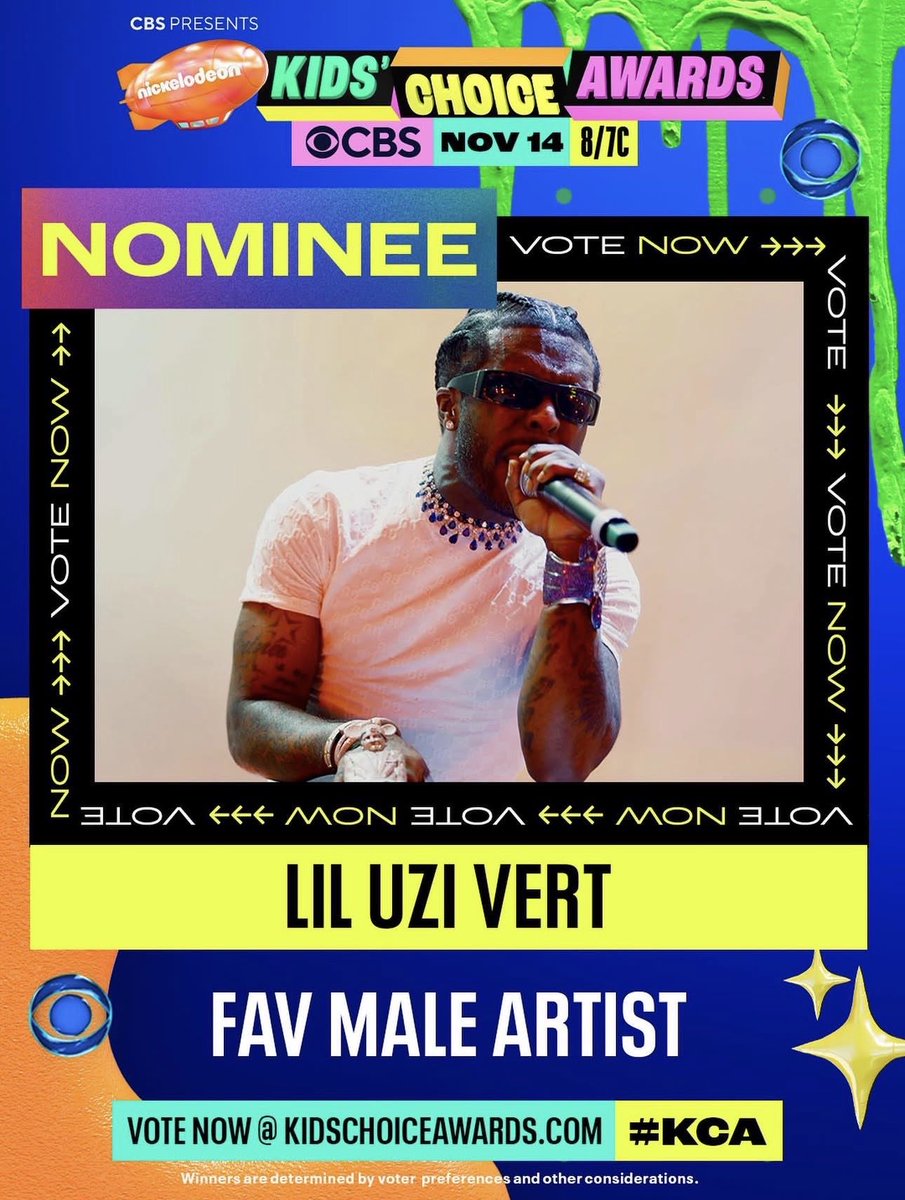 vaultofuzii's tweet photo. Go vote for Lil Uzi Vert for the "Fav Male Artist" category for Nickelodeon's Kids Choice Awards 🔥

Takes place November 14th https://t.co/QBxIjBssag
