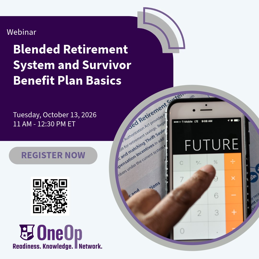 DoWMilMoney's tweet photo. Click to register for the free Oct. 13 webinar on the Blended Retirement System &amp; Survivor Benefit Plan Basics: https://t.co/p59fjNZg60 CE credits available for Accredited Financial Counselors (AFC®) &amp; Certified Personal Finance Counselors (CPFC®/FinCert). #afcpe #BeyondBasicPay https://t.co/bmamziYKsX