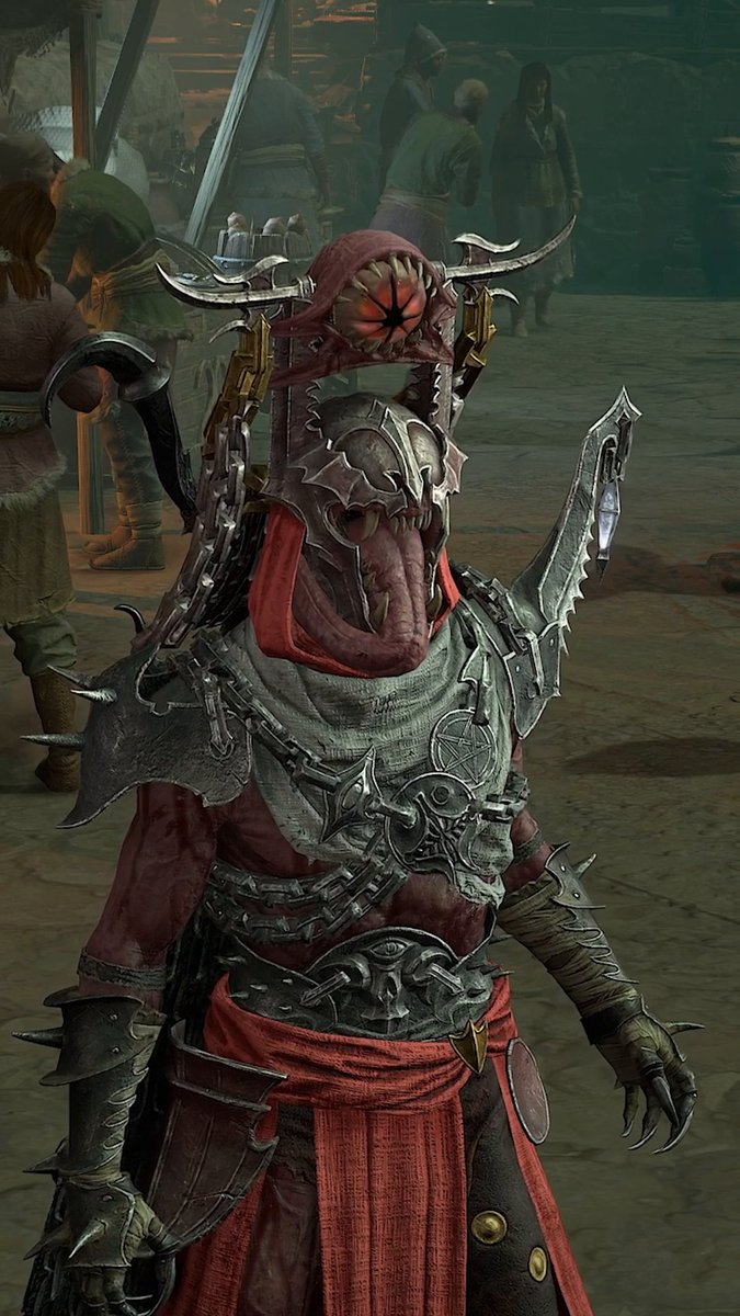 A menacing demon with a fanged maw, glowing red eye, and spiked dark armor with red accents stands in a murky tavern setting, fitting the post's reference to choosing between Prime Evils in Diablo 4's Season of Hell's Legacy.