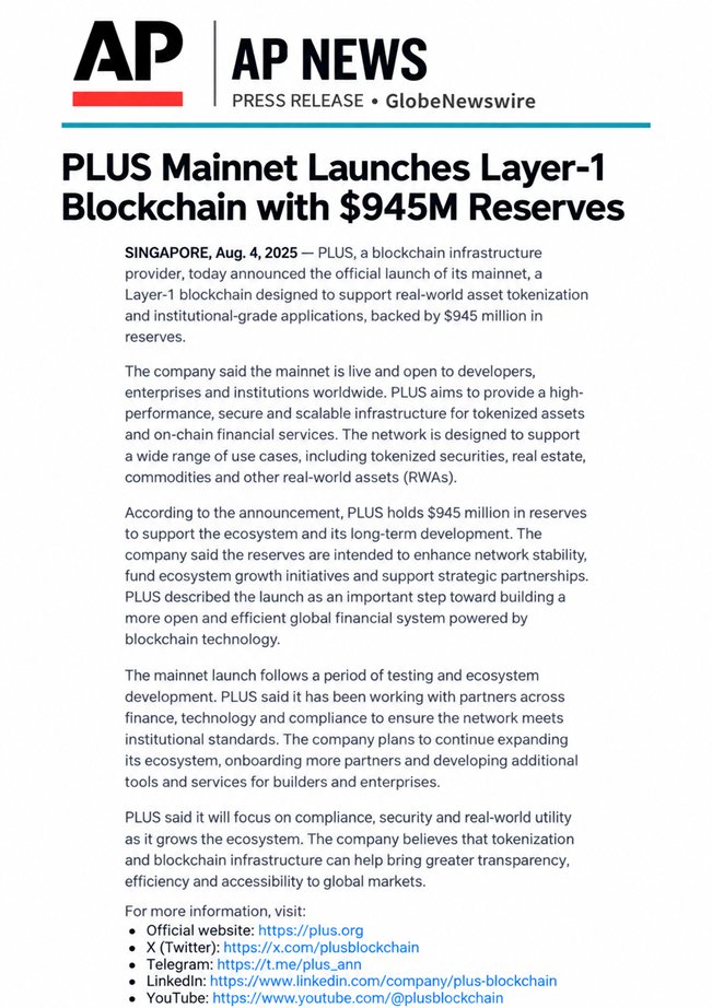 plus_main_net's tweet photo. 🌐 PLUS MAINNET — BUILT IN KOREA, BUILT FOR THE WORLD 🇰🇷

PLUS Mainnet’s Layer-1 blockchain launch has been featured on AP News through GlobeNewswire.

From Korea to the global Web3 ecosystem, PLUS is building a next-generation L1 infrastructure connecting blockchain, finance, gaming, media, entertainment, and real-world applications.

⚡ Independent Layer 1
🌎 Global Web3 Ecosystem
🔗 Real-World Utility
🇰🇷 Korean Technology, Global Vision
The PLUS ecosystem is just getting started.
#PLUSMainnet #PLUS #Layer1 #L1 #Blockchain #Web3 #KBlockchain #Korea #Crypto #DeFi #GameFi #Entertainment #GlobalWeb3