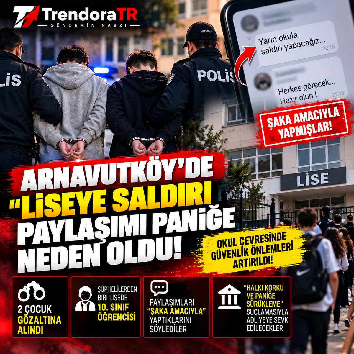 TrendoraTR's tweet photo. 🚨 ARNAVUTKÖY’DE “LİSEYE SALDIRI” PAYLAŞIMI PANİĞE NEDEN OLDU: 2 ÇOCUK GÖZALTINDA!

İstanbul Arnavutköy’de bir liseye saldırı düzenleneceği yönünde gerçeği yansıtmadığı belirtilen sosyal medya paylaşımları güvenlik birimlerini harekete geçirdi.

Paylaşımların ardından okul ve çevresinde güvenlik önlemleri artırılırken, olayla bağlantılı olduğu belirlenen 2 çocuk gözaltına alındı. Şüphelilerden birinin, adı geçen lisede 10. sınıf öğrencisi olduğu öğrenildi.

⚠️ Çocukların ifadelerinde paylaşımları “şaka amacıyla” yaptıklarını söyledikleri belirtildi.

Ancak internette yapılan böyle bir “şaka”, yüzlerce öğrenci ve velinin endişelenmesine, güvenlik güçlerinin alarma geçmesine neden olabiliyor.

⚖️ İki çocuk, “halkı korku ve paniğe sürükleme” suçlamasıyla adliyeye sevk edilecek.

❗ “ŞAKA” DEYİP GEÇİLEBİLİR Mİ?

Okullara yönelik saldırı tehdidi içeren paylaşımların son dönemde gündeme gelmesi, okul güvenliği ve gençlerin sosyal medya kullanımını yeniden tartışmaya açıyor.
Sizce okullara yönelik sahte saldırı tehdidi paylaşanlara karşı nasıl bir yaptırım uygulanmalı?
#Arnavutköy #İstanbul #OkulGüvenliği #SonDakika #Gündem #TrendoraTR