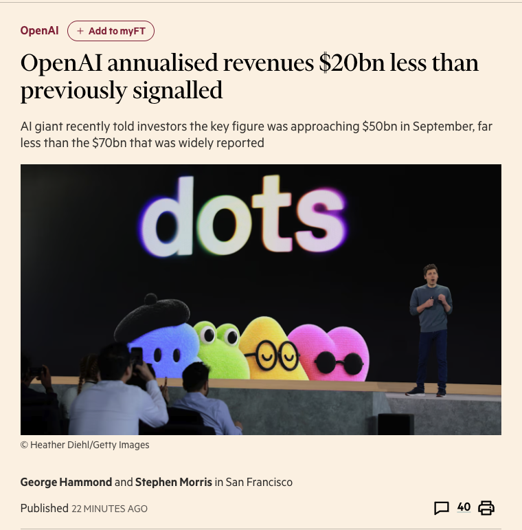 kakashiii111's tweet photo. The biggest customer and compute consumer in the AI ecosystem, the one responsible for the majority of the RPO at many of the neoclouds, Microsoft, Oracle, and others, and the one consuming huge numbers of Nvidia GPUs, is reporting $50B in ARR, not $70B. And that figure is ARR.

So, when is OpenAI going to IPO? I'd like to read the prospectus, please.