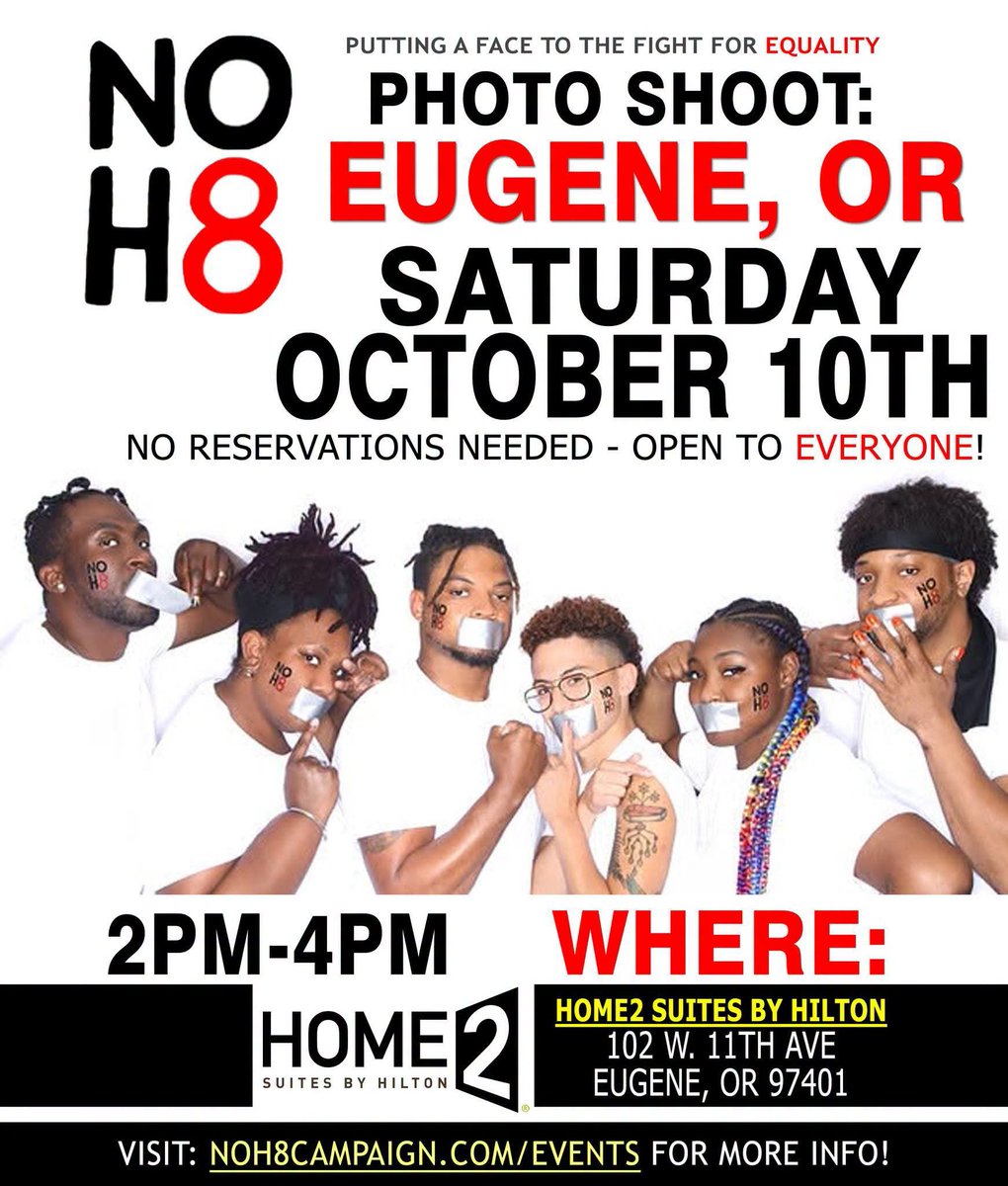 NOH8Campaign's tweet photo. 📣 Join #NOH8 at one of our upcoming Oregon events:

OCT 9 - Portland, OR: https://t.co/GIfiyc7n57
OCT 10 - Eugene, OR: https://t.co/F4B8ZDCDrW
OCT 11 - Ashland, OR: https://t.co/zoYuE52TFy https://t.co/sEokG3NajJ